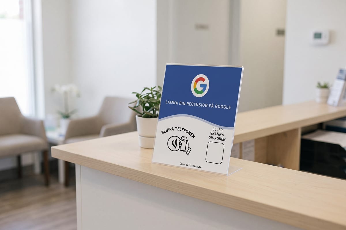 Ett Närokort i en akrylhållare på en klinikreception med tomt väntrum i bakgrunden.