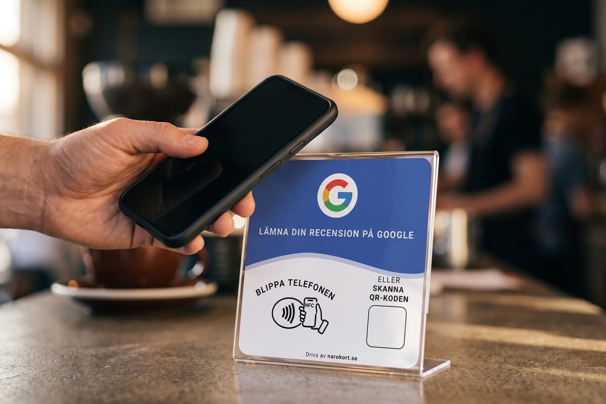 En kund håller sin telefon över ett Närokort som står i en akrylhållare på en cafédisk.