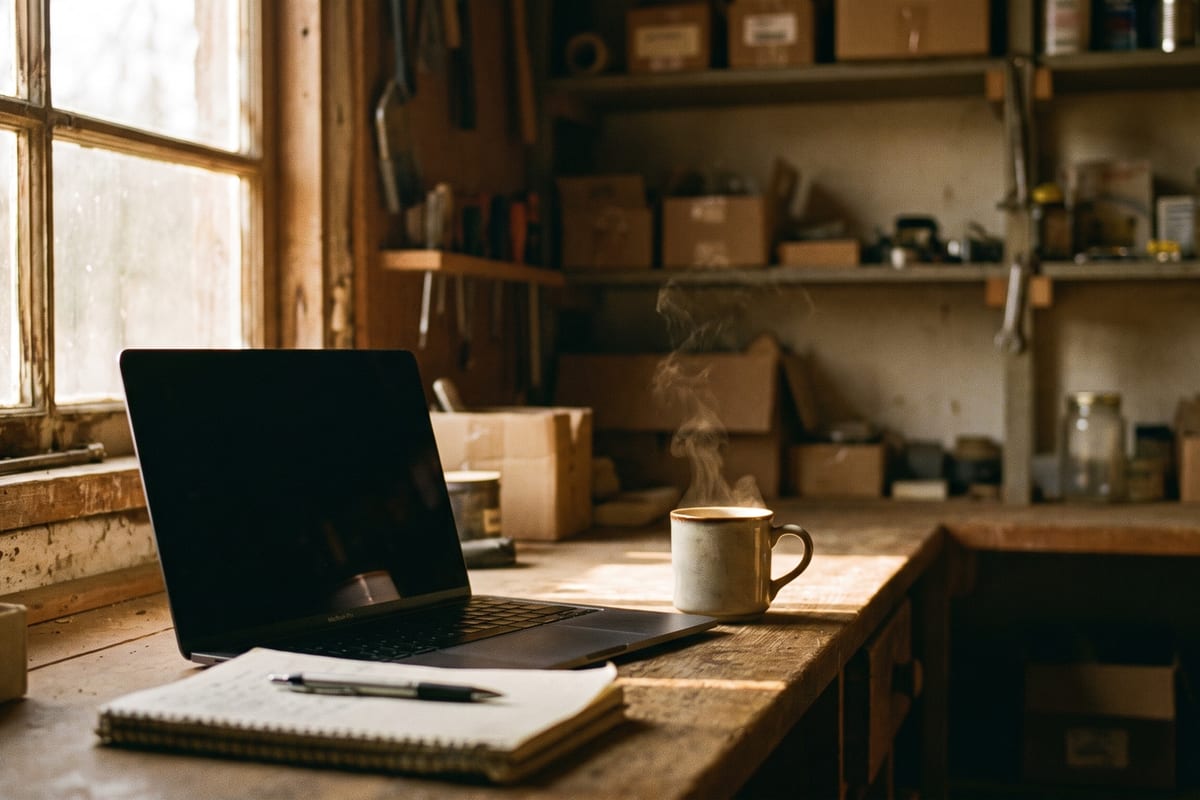 En laptop med släckt skärm, ett anteckningsblock och en kaffekopp på en arbetsbänk vid ett fönster.