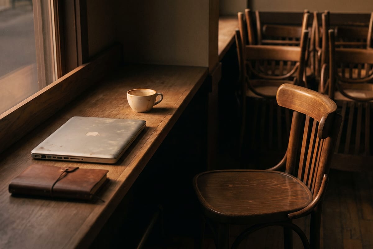 En stängd laptop, en anteckningsbok och en kaffekopp på en fönsterbänk i ett café efter stängning.