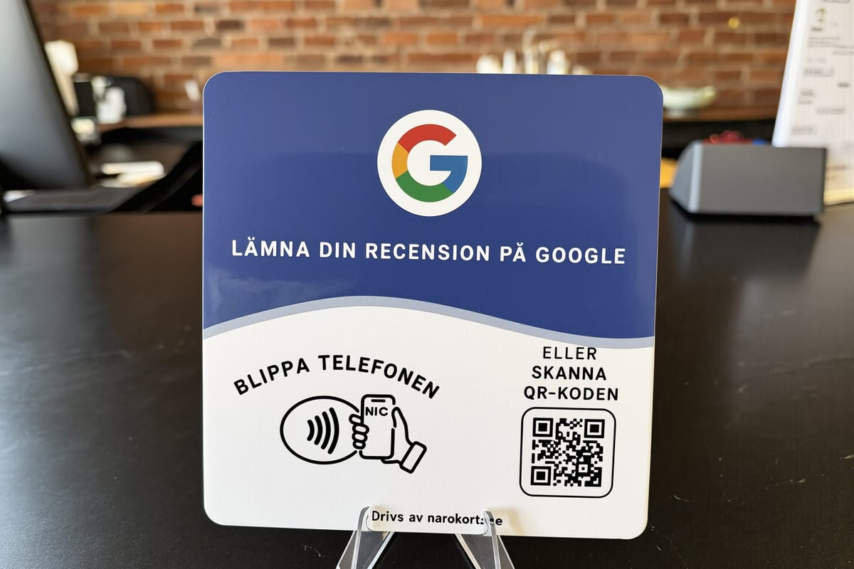 Ett Närokort står i en genomskinlig hållare på en mörk disk med en tegelvägg bakom.